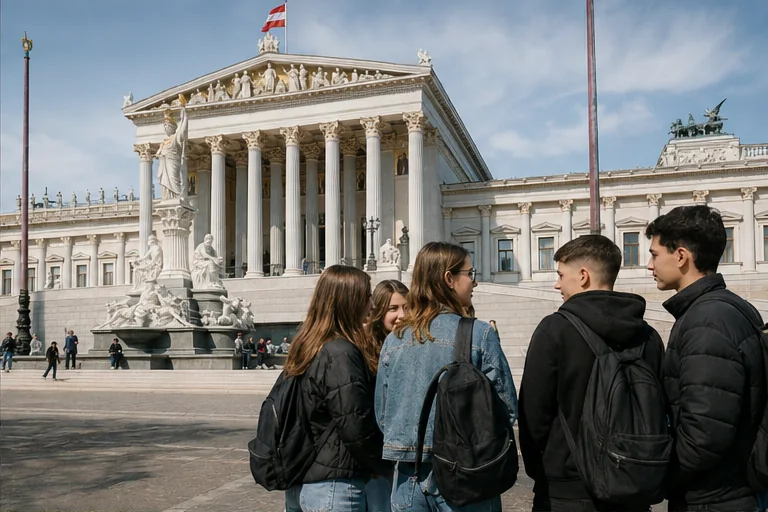 Schüler:innen vor dem österreichischen Parlament in Wien