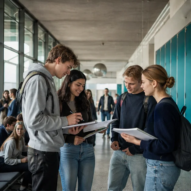 Schüler:innen beraten sich in einem Schulgebäude