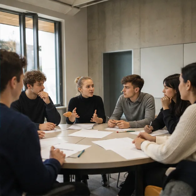 Schüler:innen diskutieren an einem runden Tisch