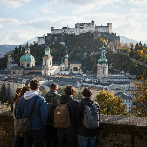Junge Menschen blicken auf die Salzburger Altstadt